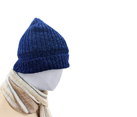 Canvas Print - Blue knitted hat model head with scarf isolated on white