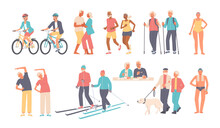 Set Of Elderly People Engaged In Outdoor Activities. Seniors Ride Bicycles, Dance, Run, Hike, Walk, Eat, Skiing. Vector Illustration