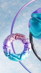 Poster - Flying abstract figures. Cloth fabric gradient waves abstract background. Iridescent glass wavy surface. Liquid surface, ripples, reflections. 3d render illustration.