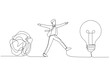 Cartoon of smart businessman walking away from mess chaos line to simple lightbulb idea. Simplify idea. One line style art