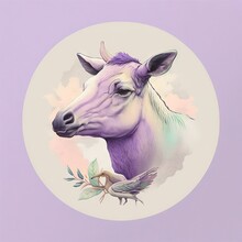  A Painting Of A Cow With A Bird On Its Neck And A Purple Background With A White Circle With A Bird On It.