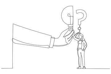 Illustration of businesswoman stand with question mark sign then helping hand put half of lightbulb lamp . Business problem. One line style art