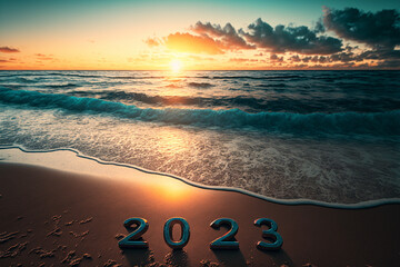 New year 2023 or start straight concept. seascape at sunset. Generated AI