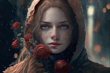  A Woman With A Hood And Roses In Her Hair Is Staring At The Camera While She Is Covered In Rain.