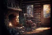  A Rocking Chair In A Room With A Fireplace And A Window With A View Of The Mountains Outside Of The Room.