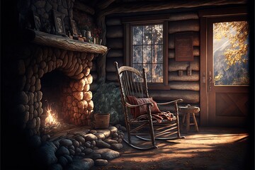 Wall Mural -  a rocking chair in a room with a fireplace and a window with a view of the mountains outside of the room. generative ai