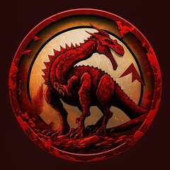 Canvas Print -  a red dragon in a circle with a mountain in the background, set against a dark backdrop The dragon is in the center of the circle, with the mountain and sky surrou