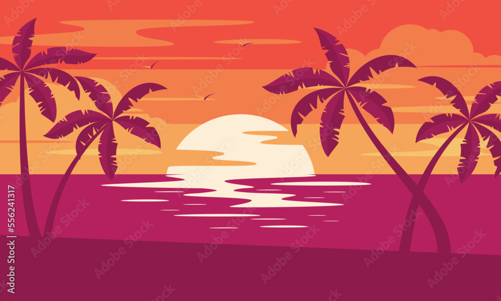 Sunset tropical beach with palm trees and sea. Nature landscape and ...