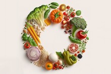 Various Vegetables And Healthy Food In Circle On White Background Generative AI