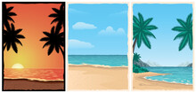Set Of Vintage Backgrounds With Surfing Beach And Palms