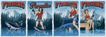 Bundle Of Vintage Fishing Posters With Pin Up Girls, Fishing Rod, Marline, Salmon And Wild Nature