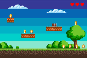 Pixel game, a picture that represents the location in the game, coins and health, trees and bushes, sky and clouds. Vector illustration EPS 10.