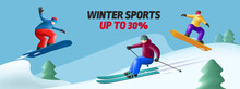 Landscape Of People Skiing, Snowboarding In Mountains Nature, Resort. 3d Render Style People, Winter Sports Discounts