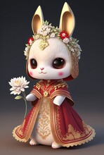 Illustration Of Cute White Rabbit Wearing Ancient Chinese Costume, Idea For New Year Concept