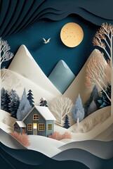 Wall Mural - Illustration in paper cut craft style of beautiful cozy house in winter frost village in valley, countryside at dusk or dawn