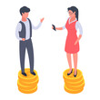 © GreenSkyStudio - Isometric businessman and businesswoman salary equality. Office workers standing on dollar coins stacks flat vector illustration on white background