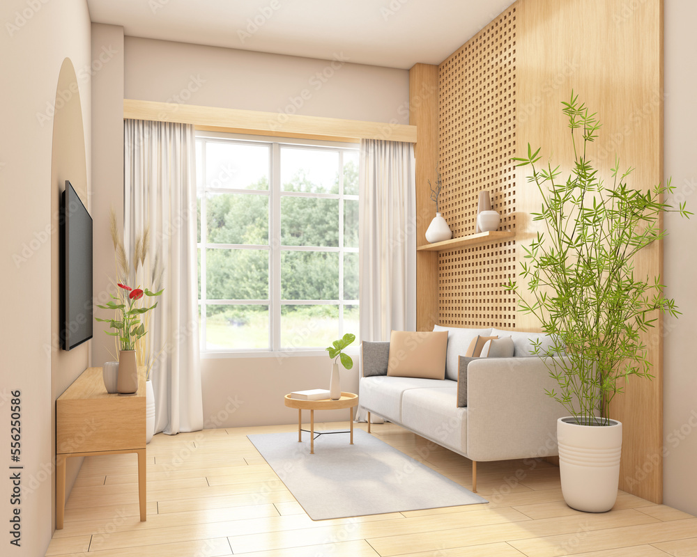 Stock Illustration Japandi style living room decorated with minimalist sofa and tv cabinet.3d rendering Adobe Stock