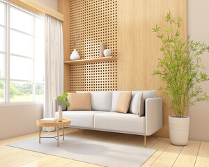 Wall Mural - Japandi style living room decorated with minimalist sofa and side table.3d rendering
