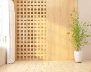 Wall Mural - Japandi style empty room decorated with wood wall.3d rendering