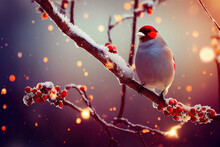 Beautiful Bullfinch Sitting On A Tree Branch With Red Berries, Golden Bokeh Background, AI Generated Image