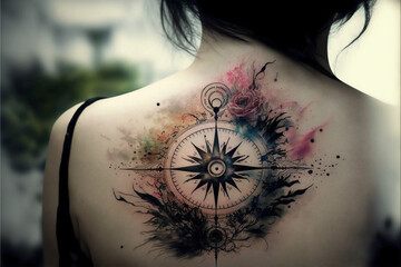 Wall Mural - Compass tattoo. Possible design or ideas to tattoo on men or women. Generative AI.