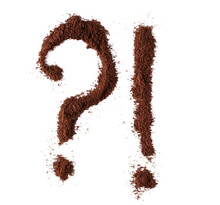 Ground Coffee In Shape Exclamation Mark And Question Mark, Isolated On White, Clipping Path