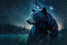 Illustration Of A Big Black Bear In National Park At Night Time