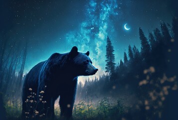 illustration of a big black bear in national park at night time