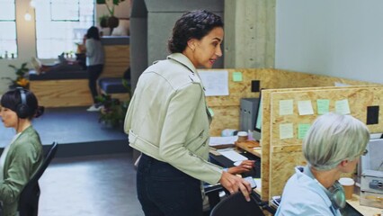 Aufkleber - Leader, business and business woman walking in busy office for management, planning and leadership at startup company. Business people, leadership and manager delegate, working and control workflow