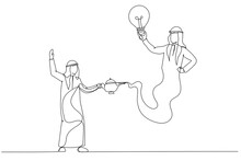 Drawing Of Arab Businessman Genie Holding Idea Bulb Come Out Of Magic Lamp. Assistance Concept. Single Continuous Line Art Style