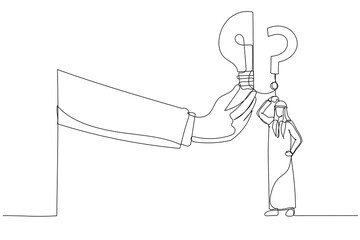 Wall Mural - Drawing of arab businessman stand with question mark sign then helping hand put half of lightbulb lamp . Business problem. Single continuous line art