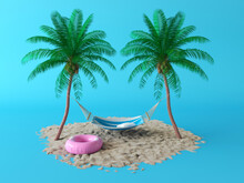 Beach Hammock Between Two Palm Trees. Summer Vacation Concept, Accessories On The Beach. Green Palm Trees And Swimming Circle On The Sand. 3d Render Illustration. Picture Frame For Travel Agency