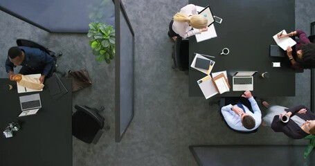 Wall Mural - Business people, team and meeting, working and productivity in collaboration top view, employees work on project with coworking and planning. Teamwork, technology and conference room table overhead