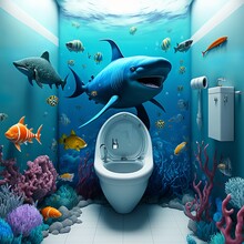 3d Underwater Decoration Toilet In The Bathroom On The Wall With Fish Whale Clown Water Design Swimming Shark Aqua Plants Blue Sea Ocean Swordfish Tropical Big Bowl
