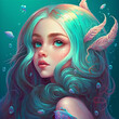 © Etagonam - Illustration of a beautiful mermaid girl portrait with cyan hair underwater. Generative AI illustration of a fictional woman