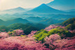 Leinwanddruck Bild - Japanese mountain landscape with beautiful cherry blossom trees (Generative AI)