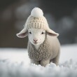 A super cute baby lamb wearing a Santa hat on a snowy background.