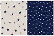 Tiny Stars Seamless Vector Patterns. Irregular Hand Drawn Simple Starry Sky Print for Fabric, Textile, Wrapping Paper. Infantile Style Galaxy Design. Little Stars Isolated on a Beige and Dark Blue.