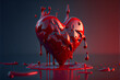 bloody heart in burgundy color liquid drain and splash on dark background.AI