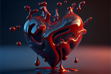Fototapeta bloody heart in burgundy color liquid drain and splash on dark background.ai