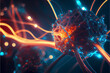 Neuron cell illustration with nervous impulses along dendrites Neural connections in outer space. AI