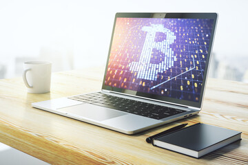 Poster - Modern computer display with creative Bitcoin symbol hologram. Mining and blockchain concept. 3D Rendering