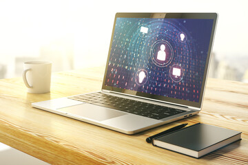 Poster - Modern computer display with social network icons concept. Networking concept. 3D Rendering