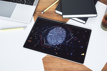 Poster - Abstract creative fingerprint illustration on modern digital tablet monitor, digital access concept. Top view. 3D Rendering