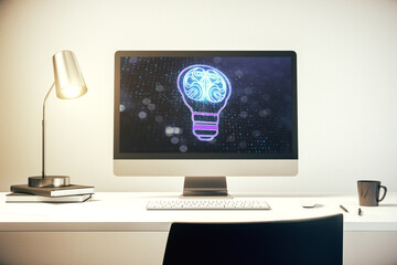 Poster - Creative idea concept with light bulb and human brain illustration on modern laptop screen. Neural networks and machine learning concept. 3D Rendering