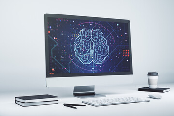 Wall Mural - Creative artificial Intelligence concept with human brain hologram on modern laptop screen. 3D Rendering