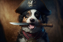 Canine Wearing A Pirate Helmet And Holding A Dagger In His Mouth. Generative AI