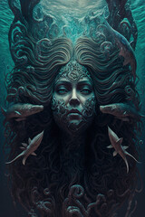 siren, mermaid, underwater, dark fantasy, horror, demons, art illustration