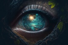 Illustration Of Human Eye With Beautiful Landscape Of Forest Trail Inside Eyeball