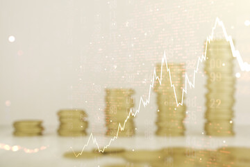 Poster - Double exposure of abstract creative financial diagram and world map on growing coins stacks background, banking and accounting concept